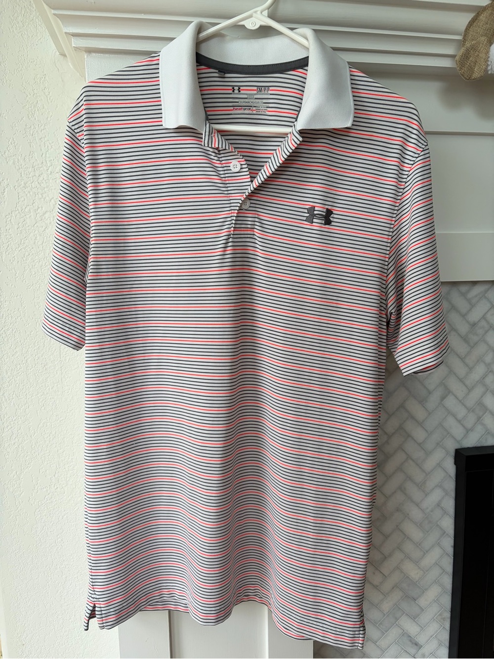 Under Armour Men’s White Polo with Red and Navy Stripes